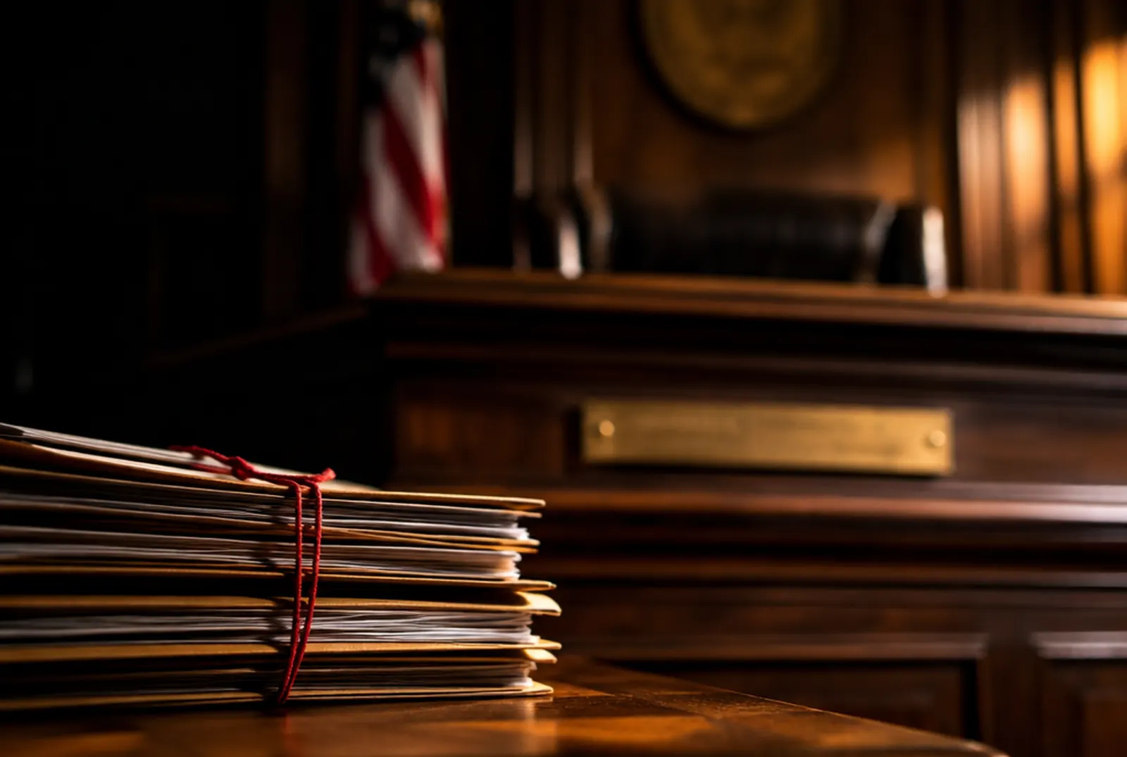 Rows of case files and binders stacked on wooden courthouse benches.