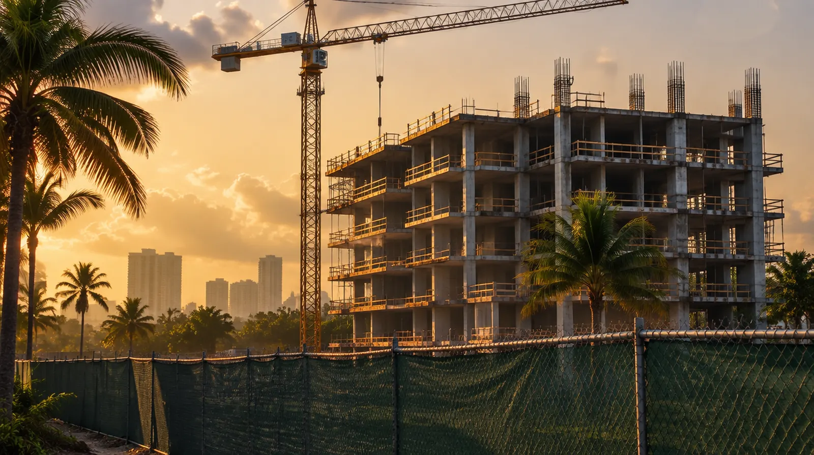 Multi-story residential building under construction behind a chain-link fence, cranes visible.