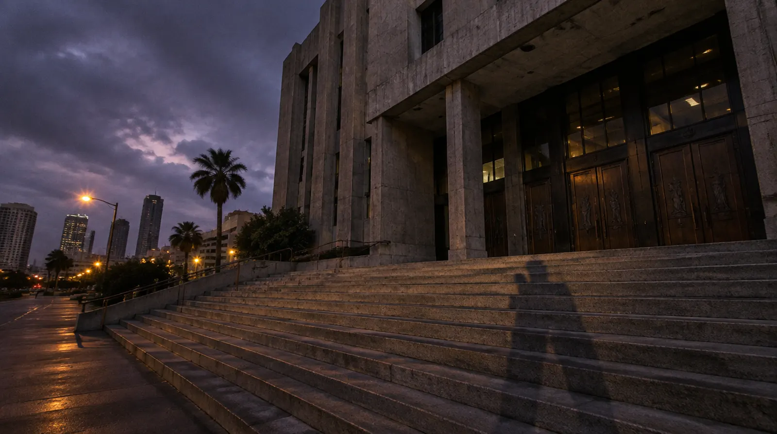 Courthouse exterior columns and steps in late-afternoon light, no people visible.