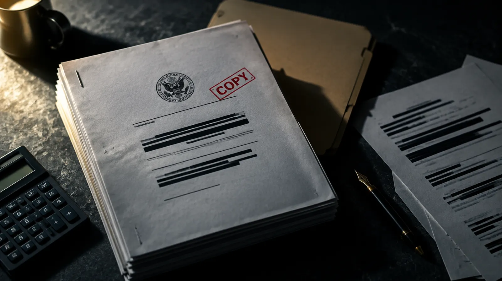 Stack of file folders and printed financial ledgers spread on a wooden table.