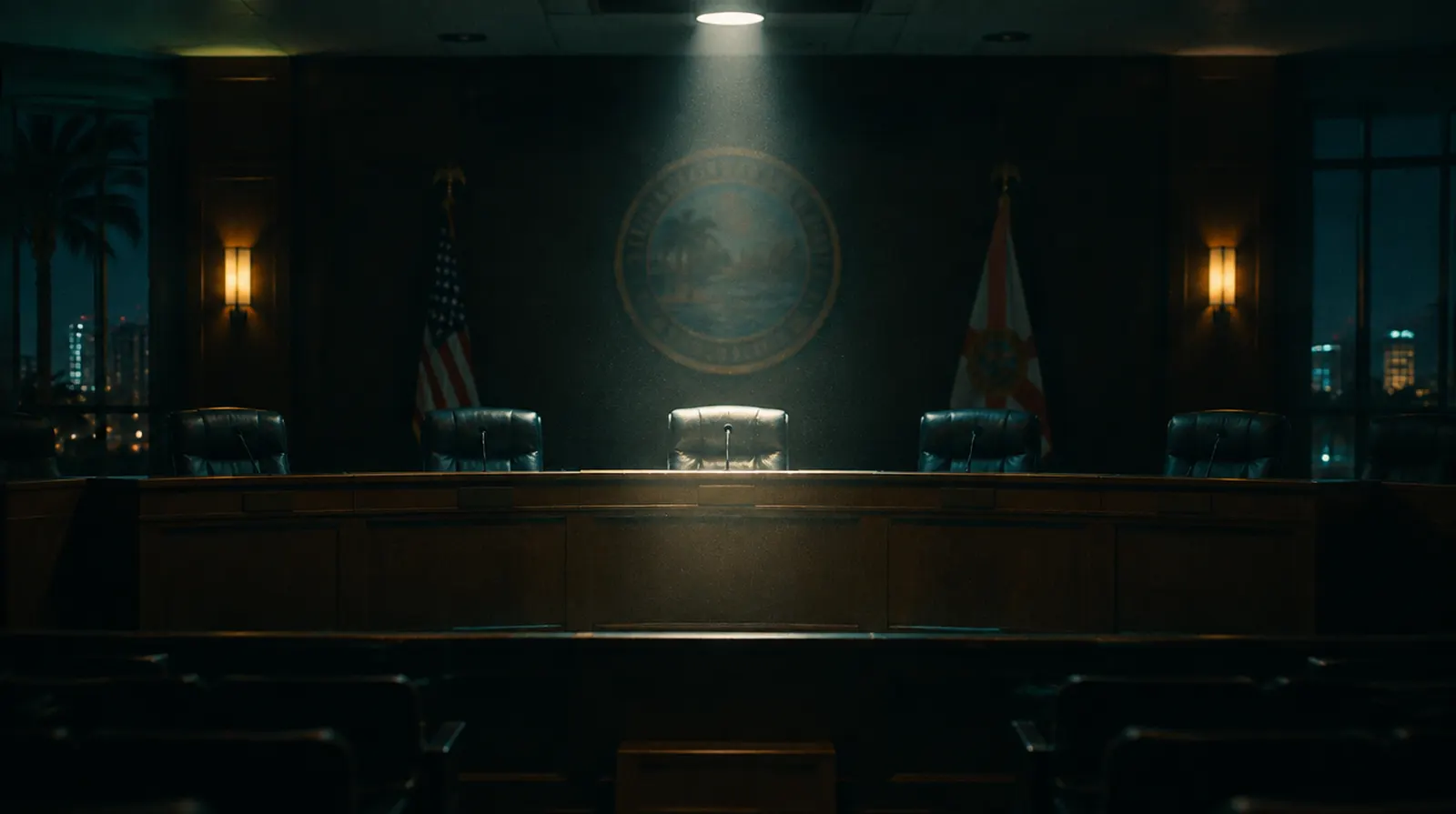 Empty city council chamber dais with microphones, flags, and a raised judge's-eye view of the seal, lit low.